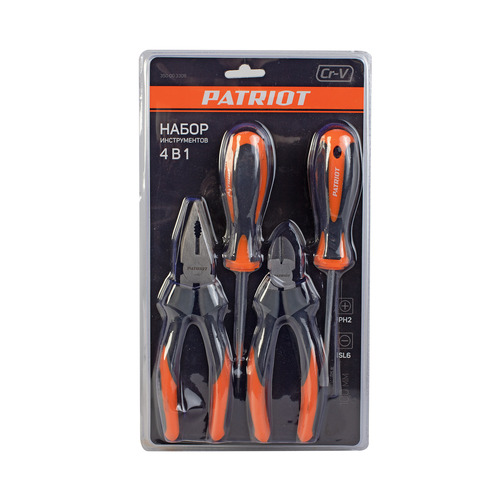 Набор инструментов Patriot 4 в 1 SPS-4 отвертки SL6*100, PH2*100, пассатижи 180 мм, кусачки 160 мм