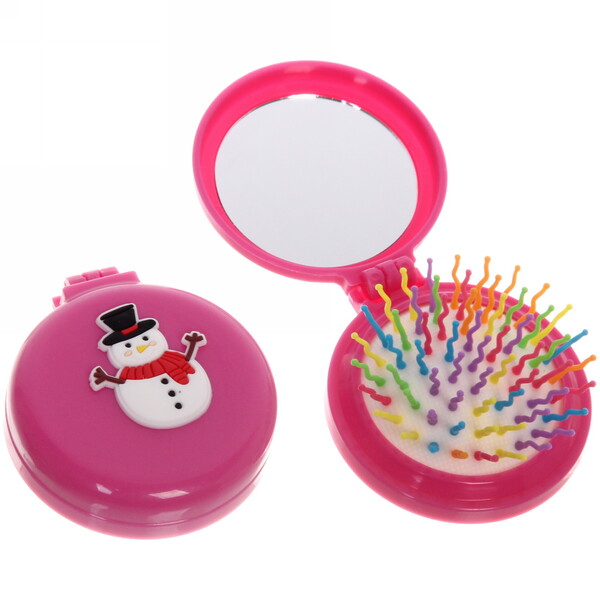 Расчёска массажная складная с зеркалом "Веселый Снеговичок", цвет микс, d-6см