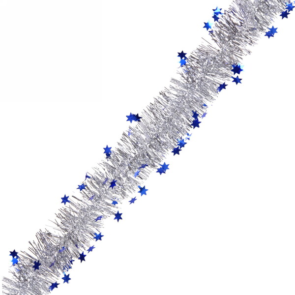Мишура 2м 6см "Звездочки", Серебро/синий