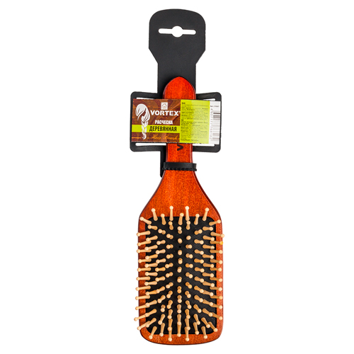 Расческа деревянная, массажная, 20х6х3.5 см, "прямоугольник", с деревянными зубчиками "VORTEX"