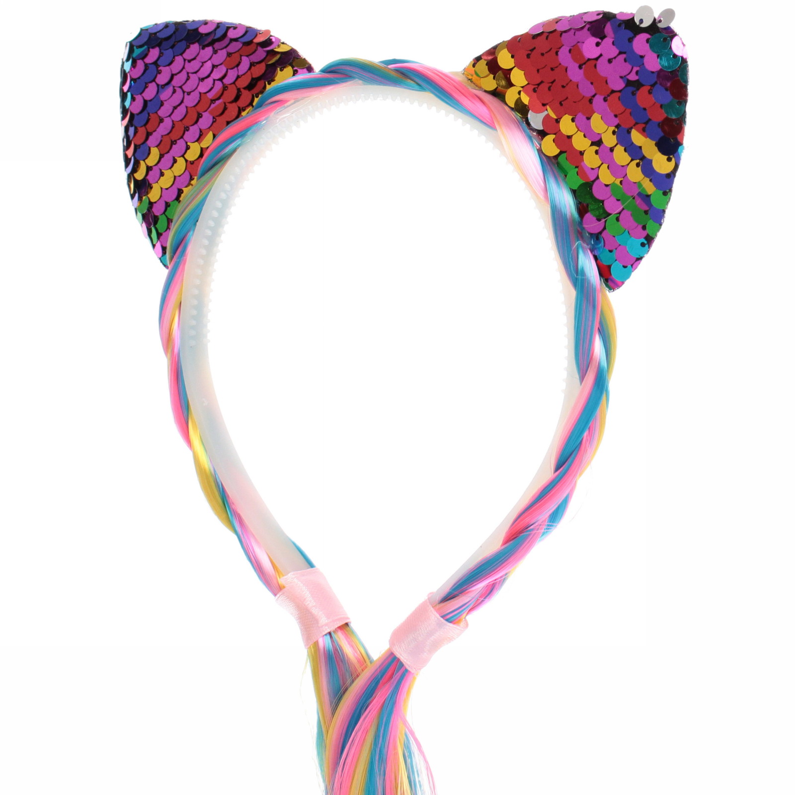 Ободок карнавальный с косой "Радужная кошка" 40 см, микс