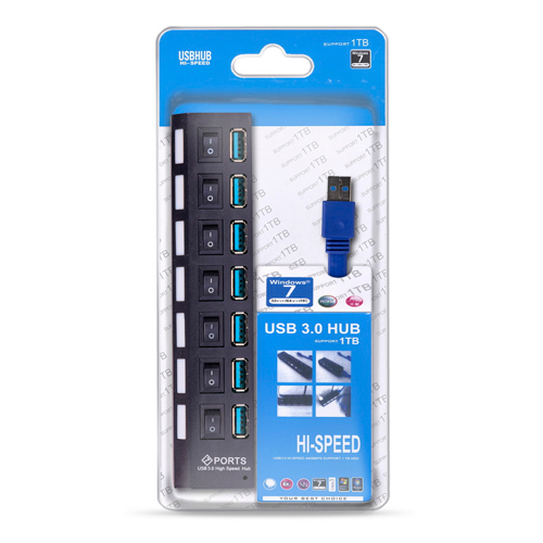 USB 3.0 хаб с выключателями, 7 портов, СуперЭконом, черный, SBHA-7307-B