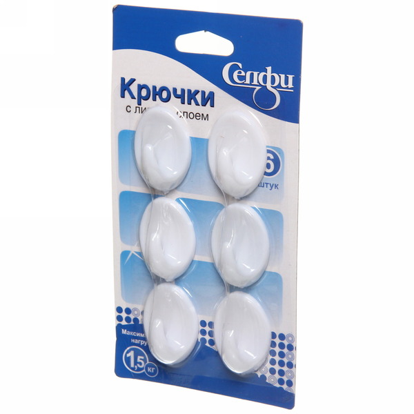 Крючки пластиковые в наборе 6шт на липкой основе "ИДЕЯДОМА", форма овал, цвет белый, нагрузка 1,5кг