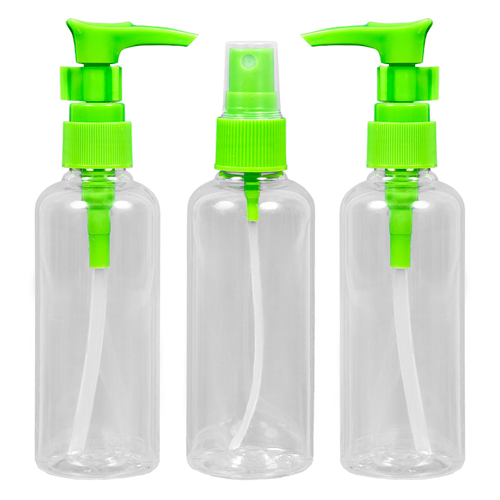 Набор флаконов для косметики "Банные штучки" 2 флакона по 100 мл,  с дозатором, 1 флакон 100 мл с распылителем, наклейки, в косметичке ПВХ 