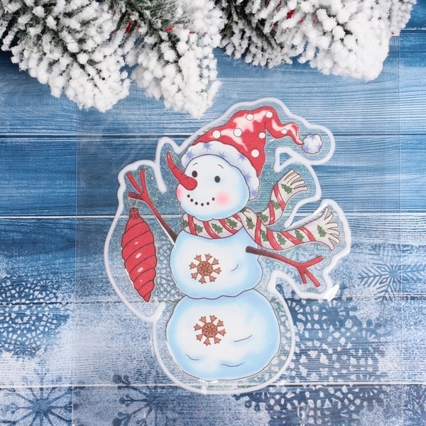Наклейка на стекло "Снеговик с игрушкой" 15*20 см