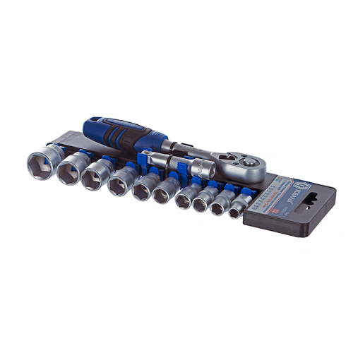Набор головок торцевых с трещоткой 3/8" Кобальт, 8,10,11,12,13,14,15,17,19,22 мм (11 шт) CR-V