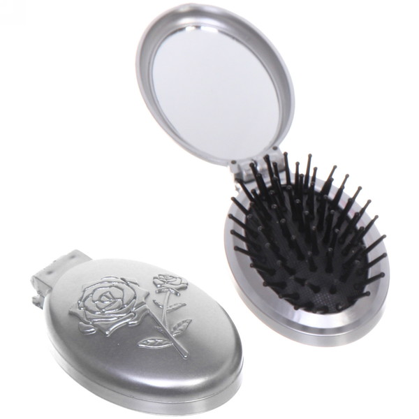 Расческа для волос массажная складная с зеркалом "Beauty Room", овал, узор розочка, микс 4 цвета, 9*5,5см