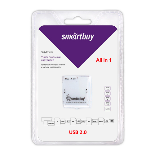 Картридер Smartbuy 713, USB 2.0 - SD/microSD/MS/M2, белый (SBR-713-W)