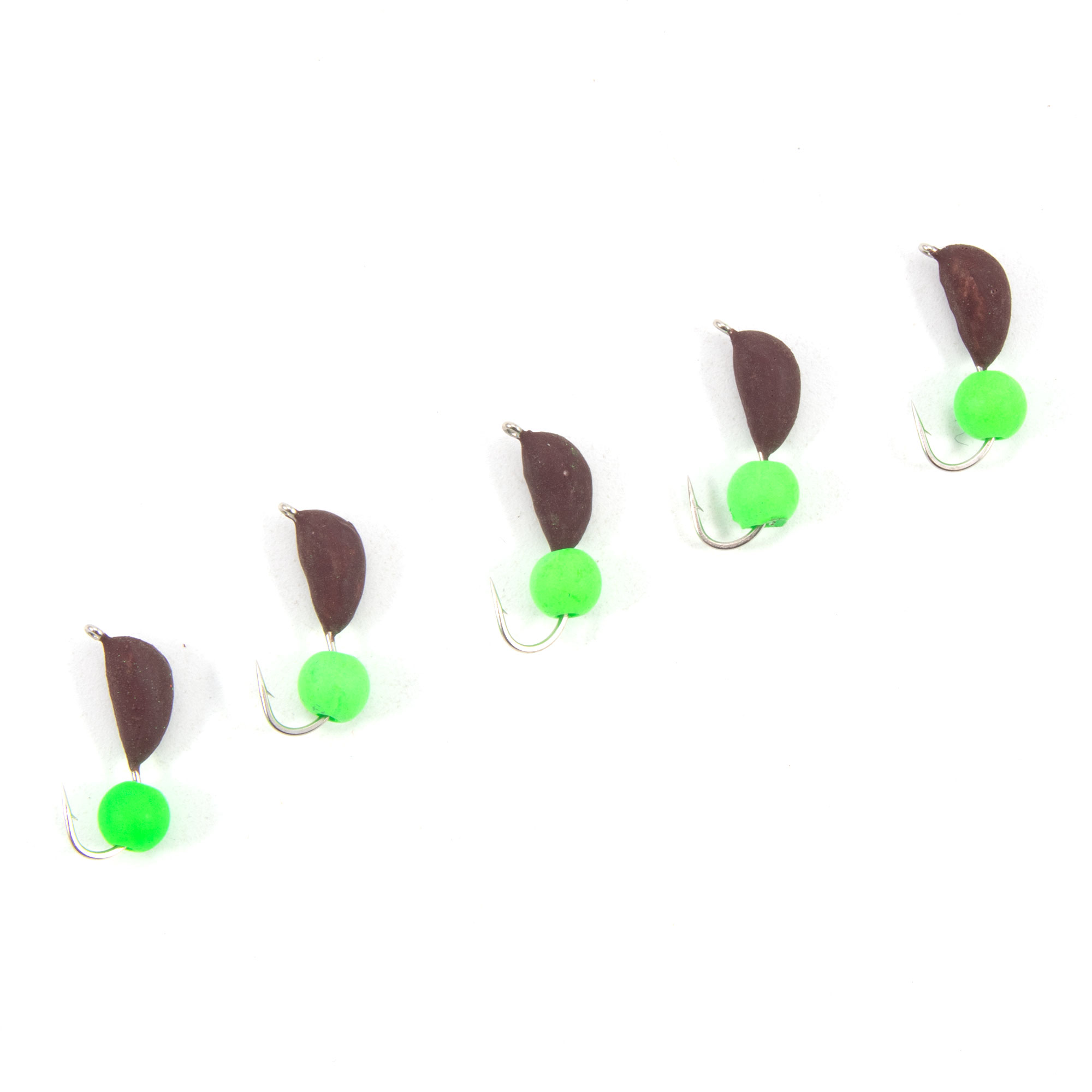 Мормышка безнасад. ЯМАН "Банан" матовый шоколад, d-3,5 мм, вес 0,7 г, шарик зеленый неон (уп.5 шт)