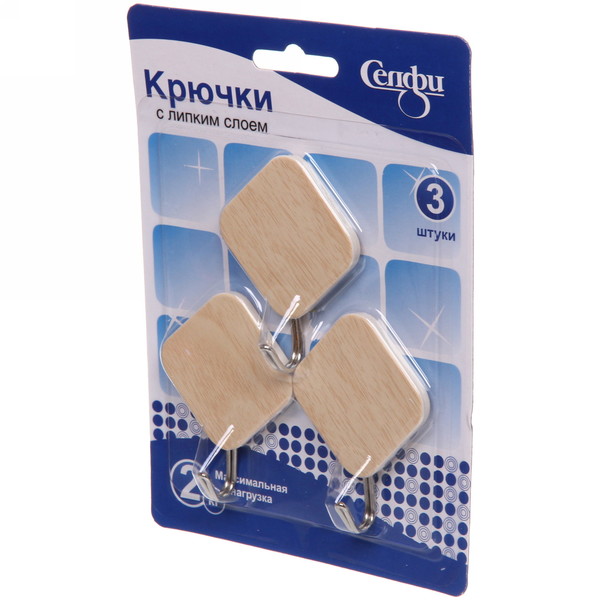 Крючки в наборе 3шт на липком слое "ИДЕЯДОМА", форма ромб, принт светлое дерево, нагрузка 2кг