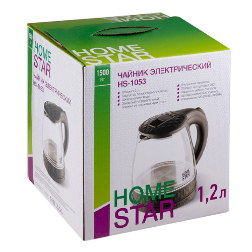 Чайник Homestar HS-1053, 1,2 л, стекло, пластик черный