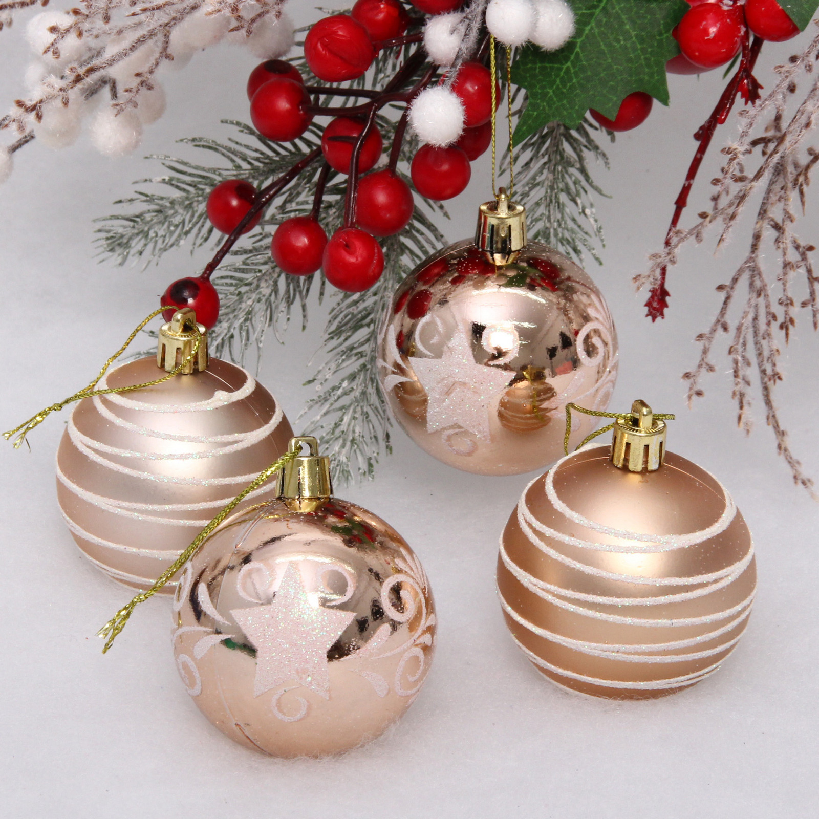 Новогодние шары 6 см (набор 4 шт) "Снежная дымка", Шампань