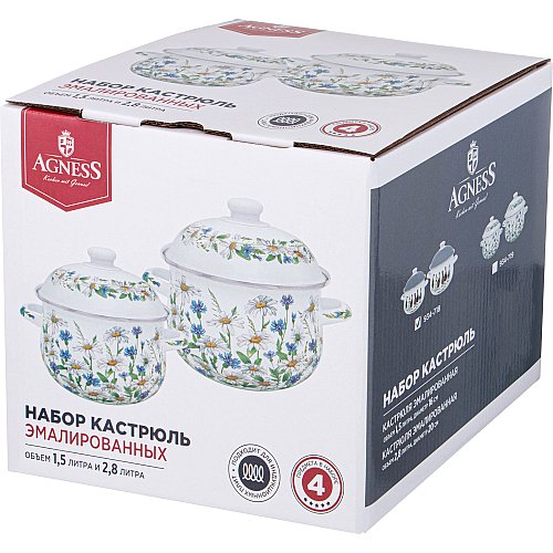НАБОР КАСТРЮЛЬ AGNESS ЭМАЛИРОВАННЫХ СЕРИЯ, FAMILY FARM,  4ПР. 1, 5Л И 2, 8Л, 16Х10СМ, 20Х12СМ