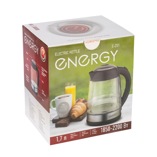 Чайник ENERGY E-251 (1.7л) стекло, пластик, черный