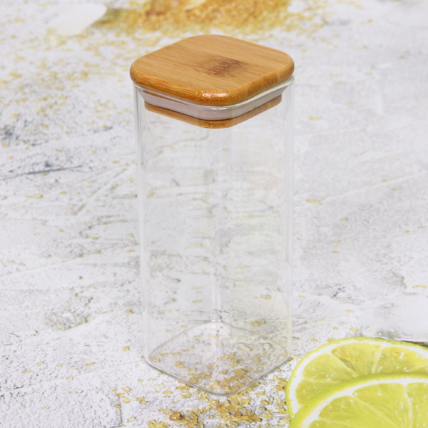Банка для продуктов стеклянная 400мл "Хай-Тек" с бамбуковой крышкой, квадратная 6*15см