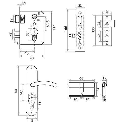 Замок врезной Trodos 61/106 3RB цилиндровый с защелкой, с ручкой, хром