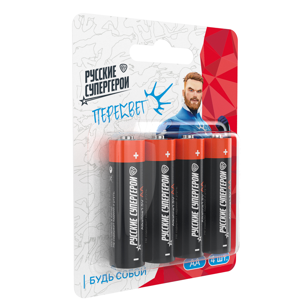 BY Русские Супергерои Батарейки АА 4шт в блистере, щелочные, Герои, ПЕРЕСВЕТ