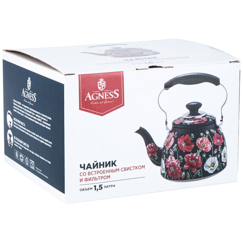 ЧАЙНИК AGNESS, МАКИ, СО ВСТРОЕННЫМ СВИСТКОМ И ФИЛЬТРОМ 1500 МЛ