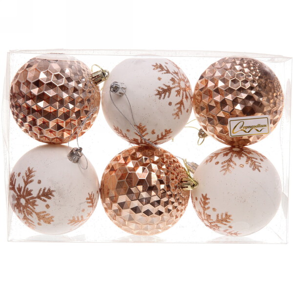 Набор шаров 8 см "Снежное сияние" (в наборе 6 шт), Шампань/Белый