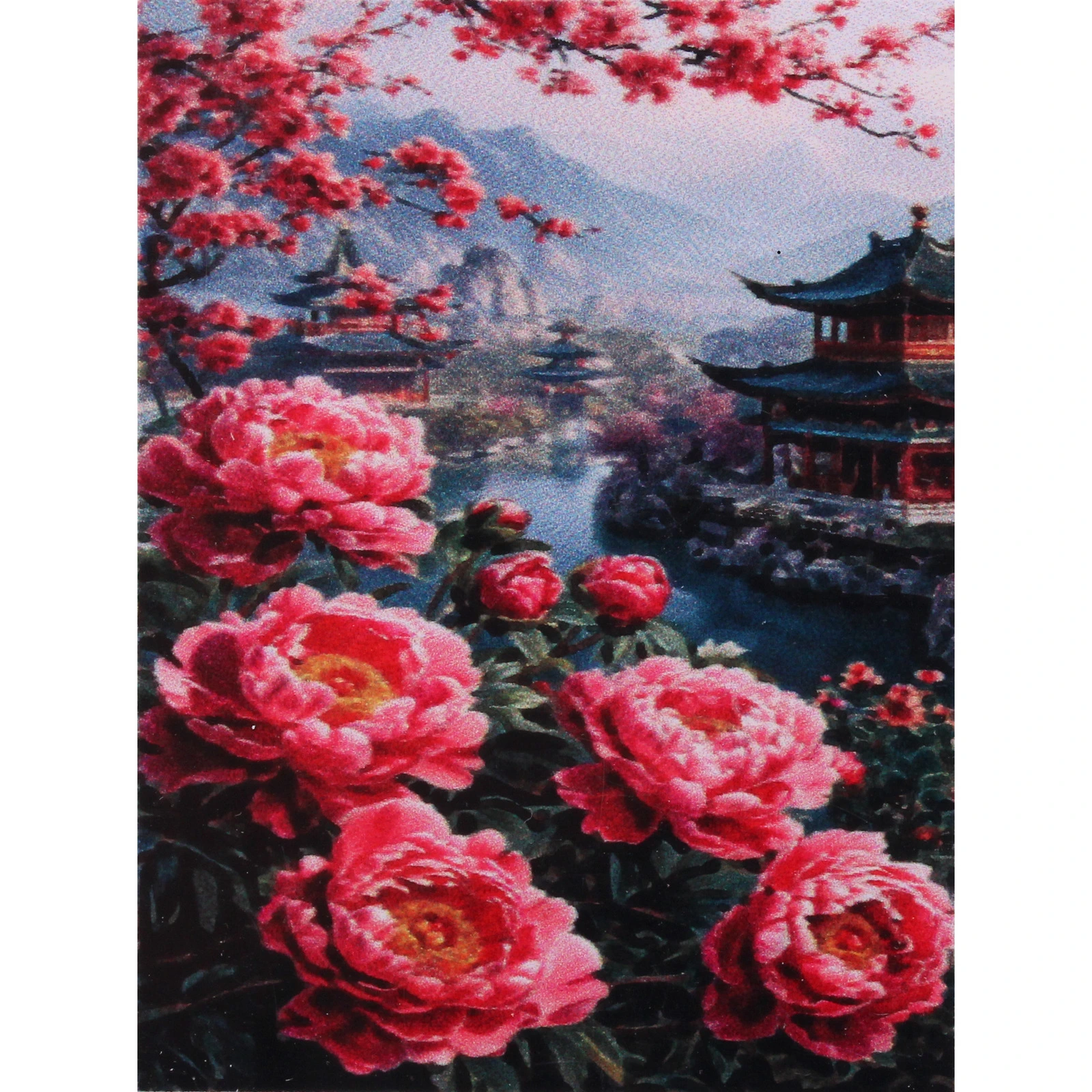 Алмазная мозаика в рулоне 30*40см полная выкладка "DIAMOND", Пионы и пейзаж