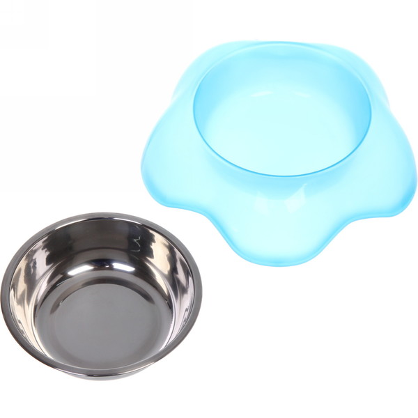 Миска пластиковая с металлической чашкой "Цветок" 16,5*4,2см цвет голубой/150 и 200мл