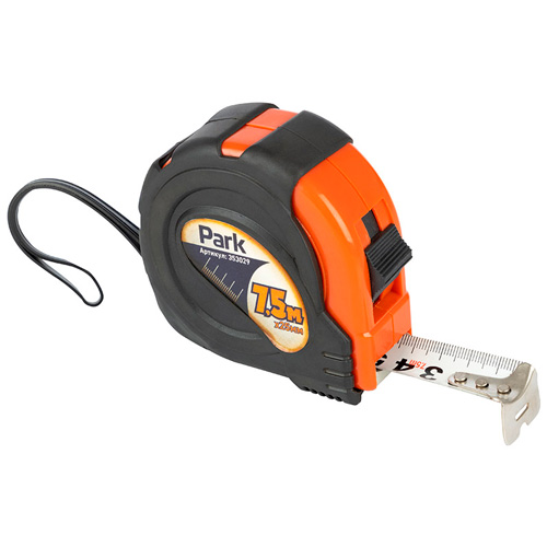 Рулетка Park с фиксатором, прорезиненный корпус, 7,5x25мм