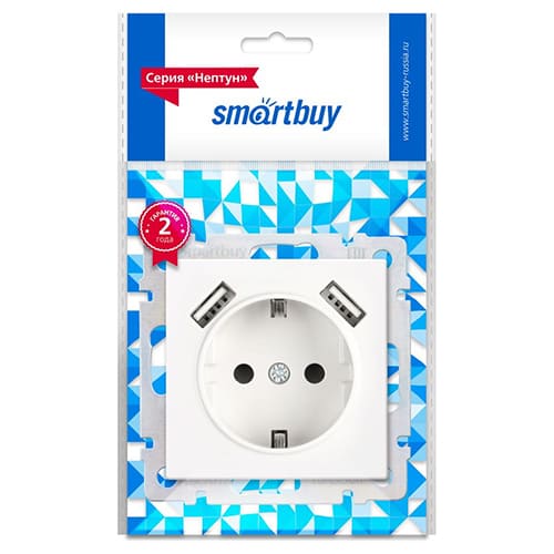 Розетка с заземлением и 2-мя USB 16А белая "Нептун" (SBE-05w-16-S1-USB)
