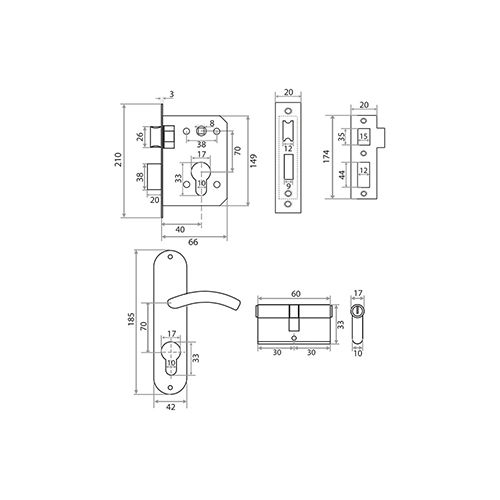 Замок врезной Trodos 70/76 цилиндровый с защелкой, с ручкой, хром