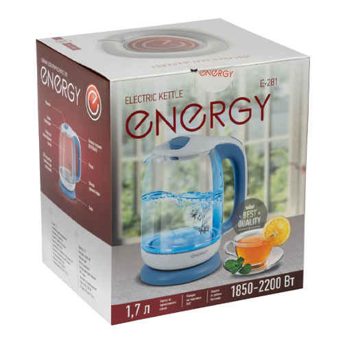 Чайник ENERGY E-281, 1.7л, стекло, пластик, бело-голубой
