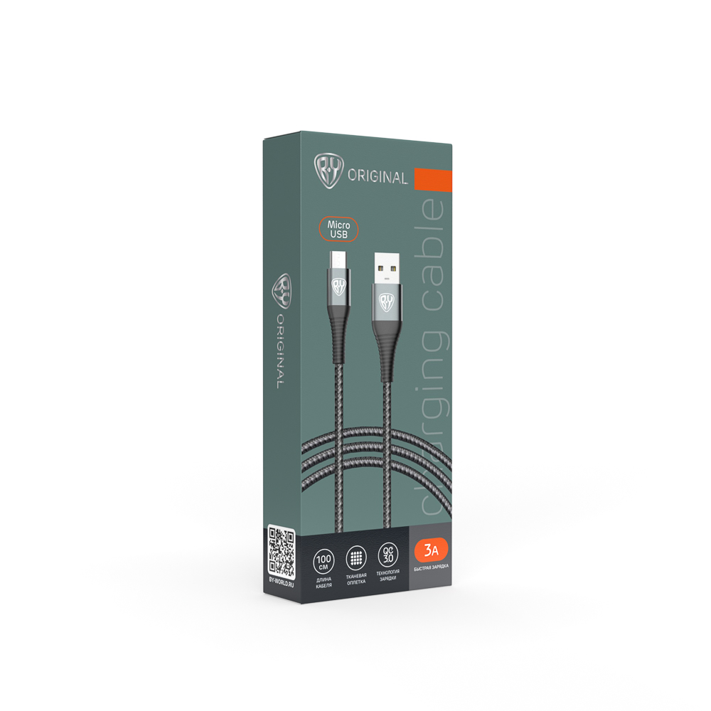BY Кабель для зарядки Shark microUSB, Быстрая зарядка 3А, QC, PD 20W, тканевый, cерый, штекер металл