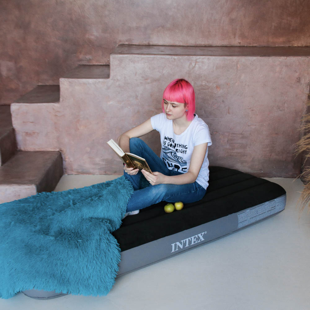 INTEX Кровать надувная DOWNY BED, (fiber-tech), встроенный ножной насос, 76x191x25см, ПВХ, 64760