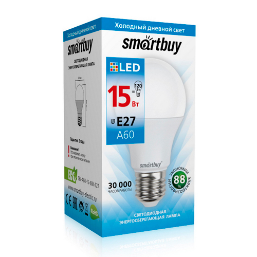 Лампочка светодиодная E27 15Вт 6000К Smartbuy  шар (10/100)