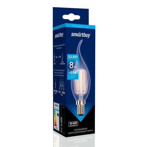 Светодиодная (LED) Свеча на ветру Лампа FIL Smartbuy-C37-8Вт/6000К/E14 (SBL-C37FCan-8-60K-E14)