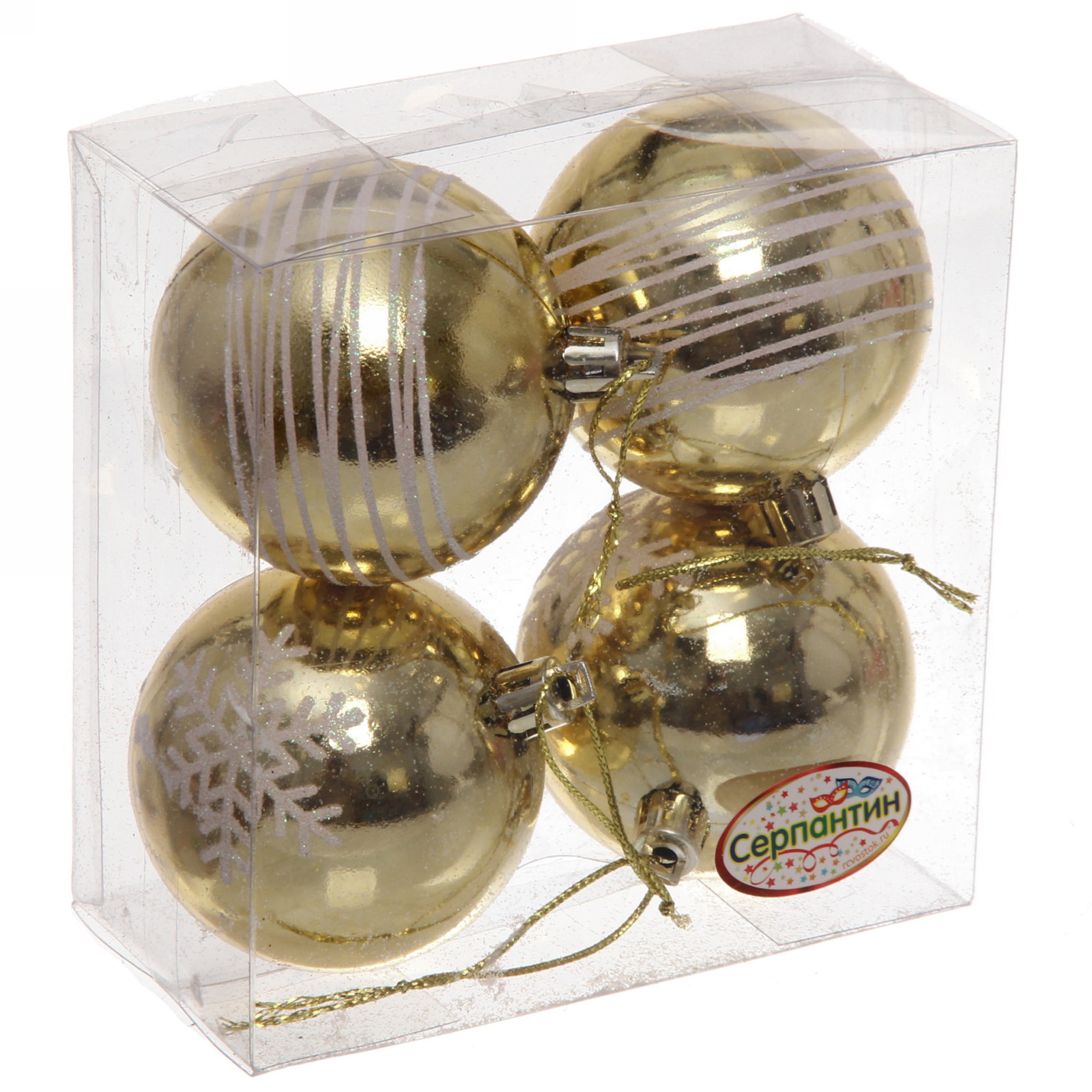 Новогодние шары 6 см (набор 4 шт) "Снежные нити", золото/белый