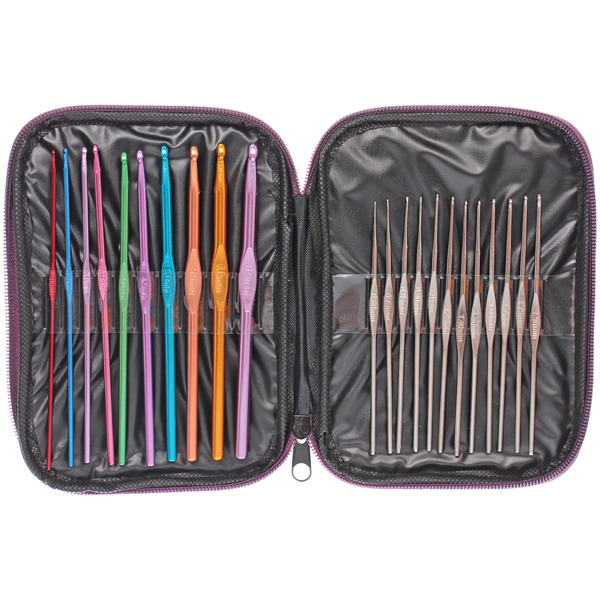 Крючки вязальные металлически в футляре 22шт "Favorite Hous", цвет как на фото, от 0,65мм до 6,5мм 22шт (футляр фиолетового цвета)