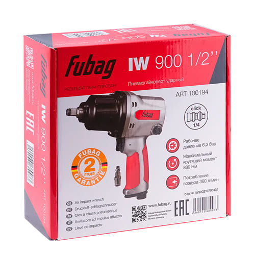 Пневмогайковерт ударный IW900 1/2" (880Нм 6.3бар 1/2") Fubag 100194