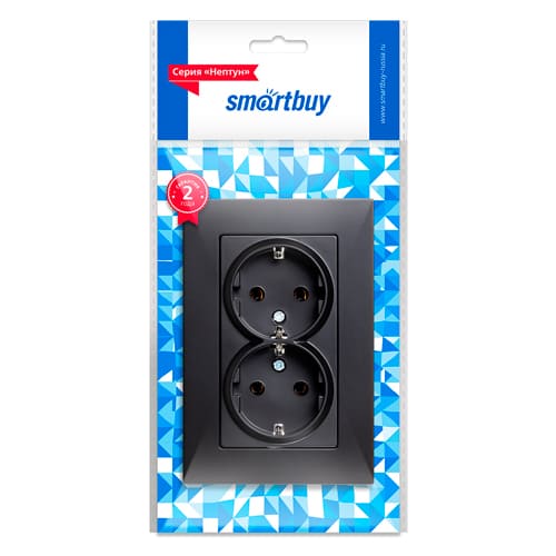 Розетка двойная с заземлением черная  с рамкой "Нептун" (SBE-06b-16-S2-Z)