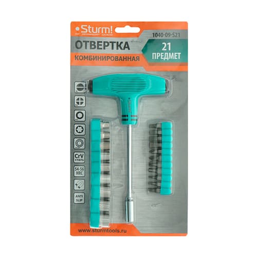 Отвертка с насадками 21 предмет магнитные наконечники эрго Т ручка Sturm 1040-09-S21