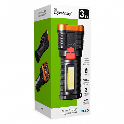 Фонарь 5 LED и рассеивателя, боковой COB, встроенный аккумулятор, MicroUSB, Smartbuy