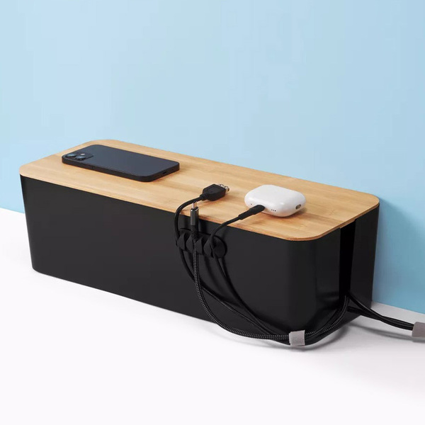 Органайзер для проводов с бамбуковой крышкой "ДОМАНИЯ", цвет чёрный, для удлинителей на 5 розеток, 40,5*13,6*15,7см