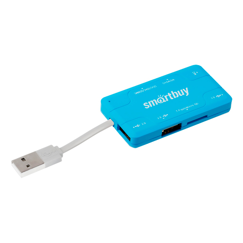 Картридер + Хаб Smartbuy 750, USB 2.0 3 порта+SD/microSD/MS/M2 Combo, голубой (SBRH-750-B)