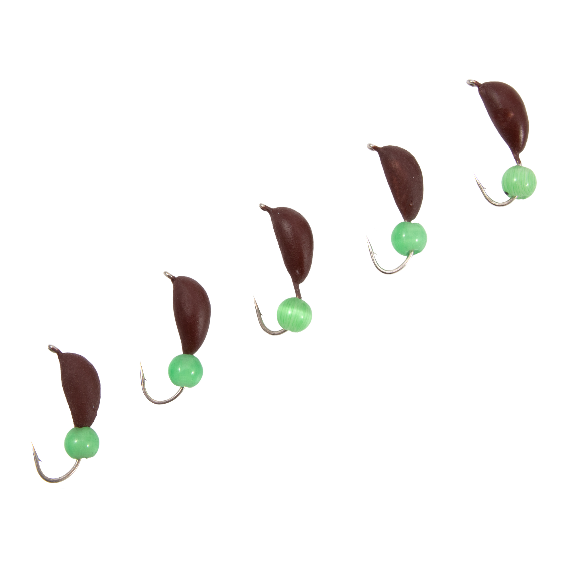 Мормышка безнасад. ЯМАН "Банан" матовый шоколад, d-4 мм, вес 1 г, кошачий глаз зеленый (уп.5 шт)