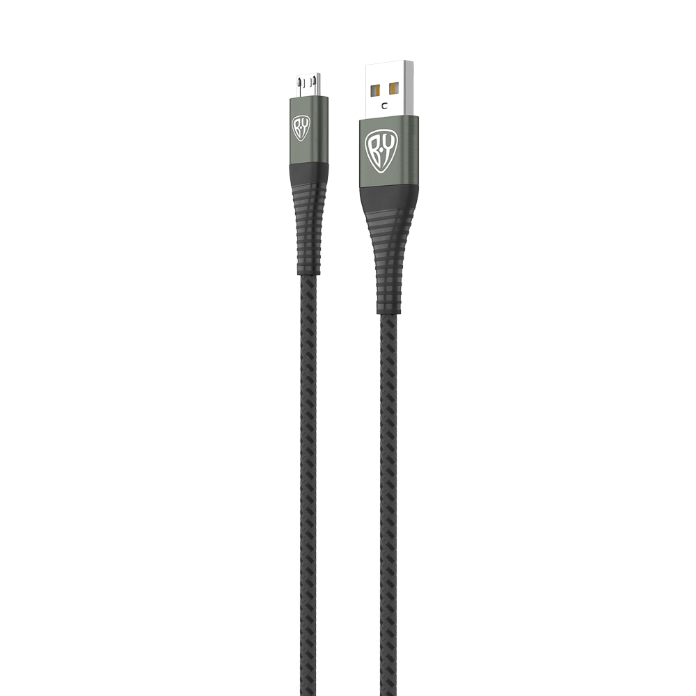 BY Кабель для зарядки Shark microUSB, Быстрая зарядка 3А, QC, PD 20W, тканевый, cерый, штекер металл
