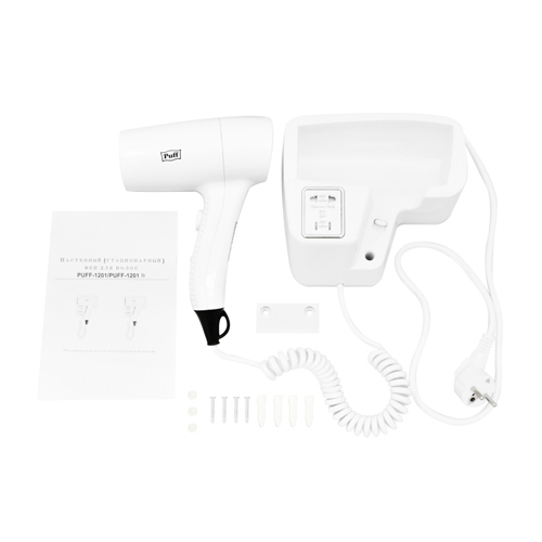 Фен для волос настенный "Puff-1201В", с дополнительной розеткой, белый