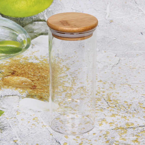 Банка для продуктов стеклянная 400мл "Хай-Тек" с бамбуковой крышкой 6,5*15см
