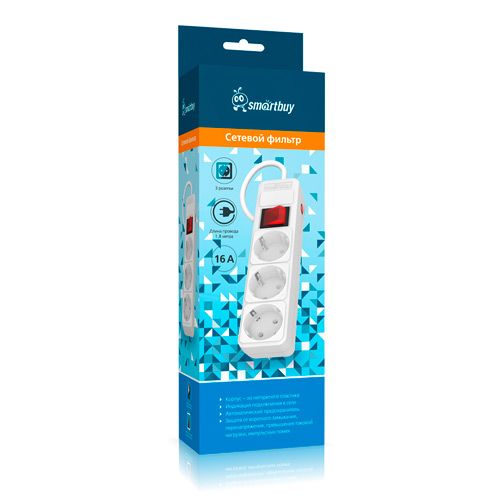 Сетевой фильтр 16А, 3500 Вт, 3 гнезда, без з/ш, с з/к, ПВС, 1,8 м, белый (SBSP-3-18-W)