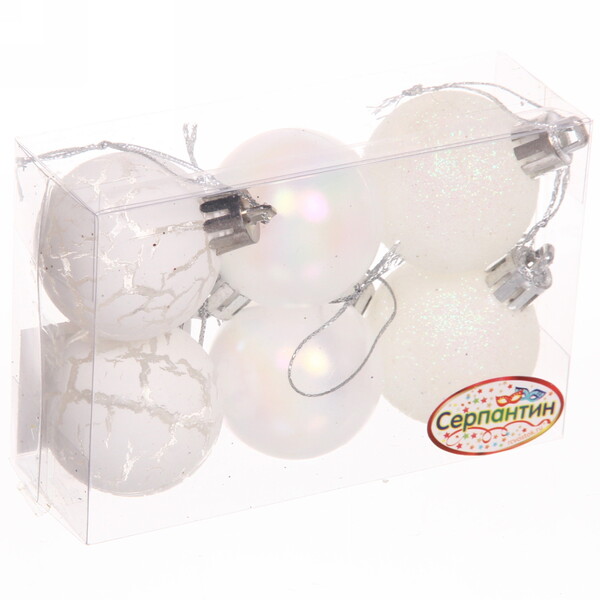 Новогодние шары 4 см (набор 6 шт) "Микс фактур", Белый