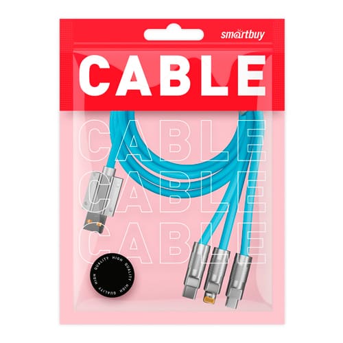 Кабель для зарядки,3-в-1 супертолстый BOLD TYPE C+LIGHTNING+MICROUSB синий, 3А, TPE, 1 м, Smartbuy