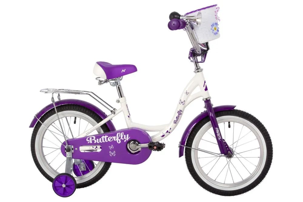 Велосипед NOVATRACK 16" BUTTERFLY белый-фиолетовый, тормоз нож, крылья и багаж хром, корз, полн защ.