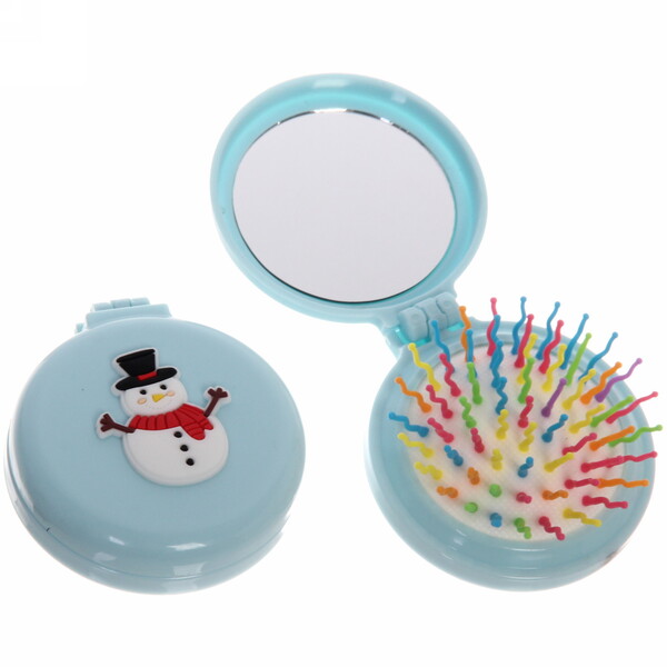 Расчёска массажная складная с зеркалом "Веселый Снеговичок", цвет микс, d-6см